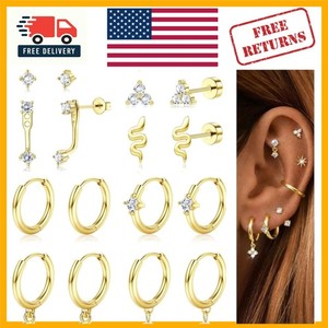 Authentic 12-Piece Hypoallergenic Gold Plated Earring Set - Stylish for All Piercings