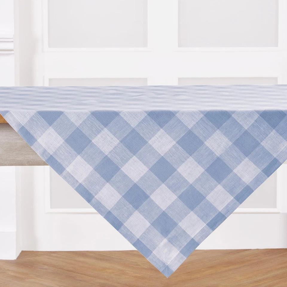Linen Checkered Tablecloth 52 x 52 Inch - 100% Pure Linen Chambray Blue and W... - Image 2 of 4