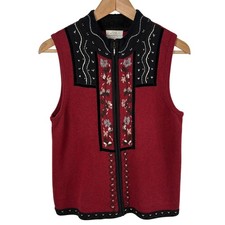 Christopher & Banks Red Embroidered Vest Women's S Full-Zip Nordic Cottagecore