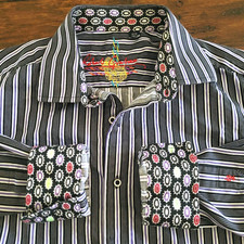 Robert Graham Flip Cuff Geometric Pinstripe Purple Gentleman Sport Shirt Medium