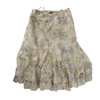 Vanessa European 90's Floral Linen Blend Ruffle Midi Skirt Pastel Cottagecore