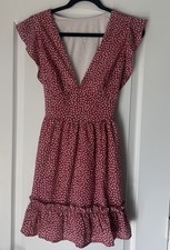 Women Pink Mini Dress Sexy V Neck Ruffle Flutter Sleeve Polka Dot Summer Size M