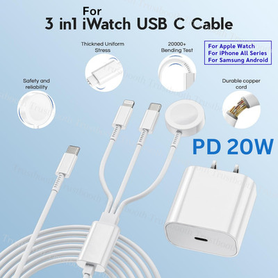 3 in 1 Magnetic Fast Charging for Apple Watch iPhone Charger Cord 20W USB C Cube