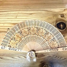 Wooden Fan with Flower Carving  Tassel, Standing Bamboo Holder, Used