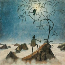 Landscape  Print – Franz Sedlacek 1921 – Surreal Moonlit Scene Figure and Tree