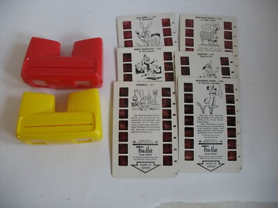 vtg Yellow & Red Tru-Vue 3-D Film Viewer with 6 Film Cards Bugs Woody Huckberry