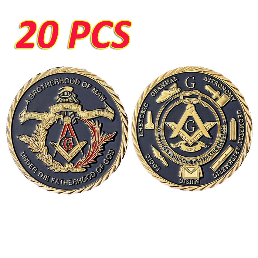 20PCS Gold Masonic Coin Gift Brotherhood Challenge Coin Medal Freemason Coin