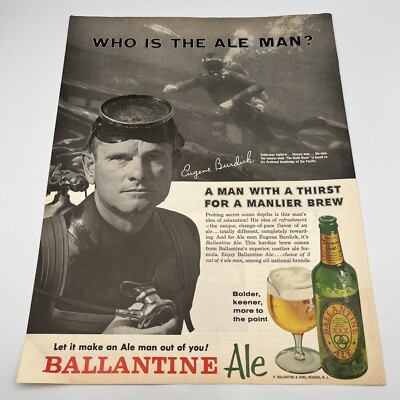 Ballantine Ale 1962 Vintage Print Ad Eugene Burdick undersea explorer