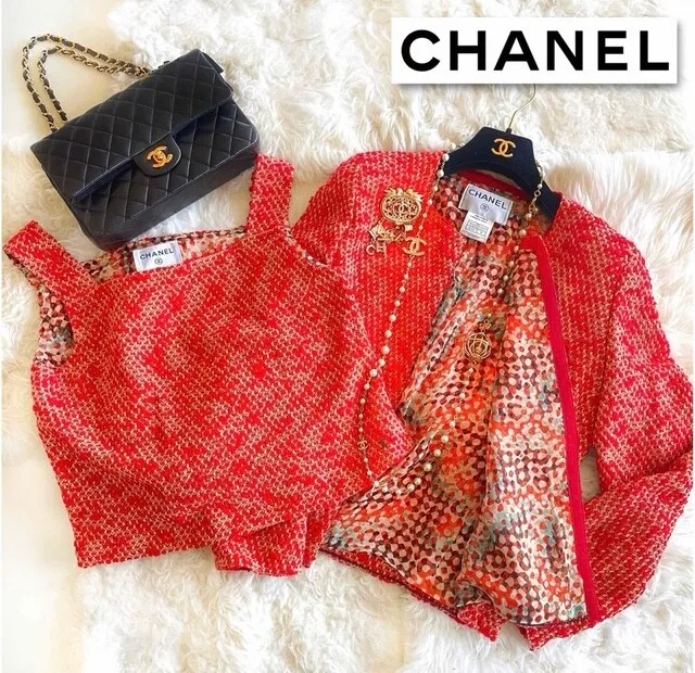 CHANEL Tweed Jacket Set Red Orange Silk Multi Color Lining CC Logo Charms  40size