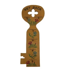 Wood Key Holder Rack Key Shape 1962 Painted Floral theme Japan yellow