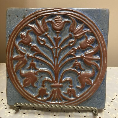 #ad #ad 2004 Mercer Clay Tile Bucks County PA Blue Glaze Spray Of Tulips 6.75” Square $58.00