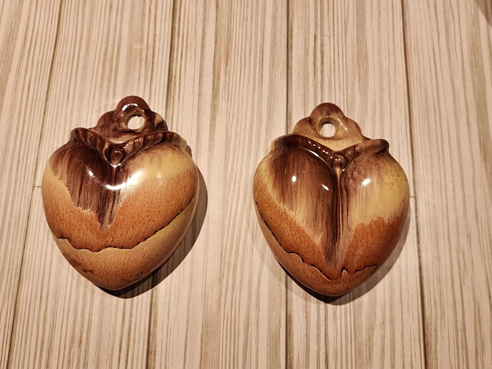 Mid Century Modern Heart Shaped Wall Pocket Vase Germany #716 Brown Tan Tone Set