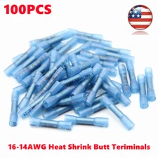 US 100PCS 16-14 Gauge Heat Shrink Butt Crimp Terminals Wire Connectors AWG Blue