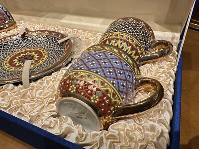 Thai Benjarong Tea Cup and Saucer Set With Case Made in Thailand   1 Of 1