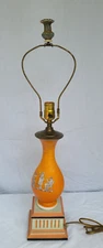 Vintage Glass Wood Greek Painting Table Lamp Light Orange Mid Century Modern MCM