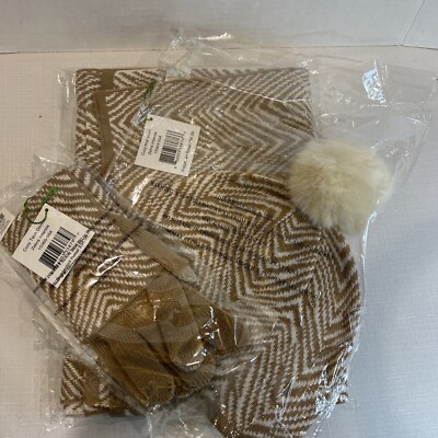 NEW Vera Bradley set of 3 Cozy Knit Scarf, Tech Gloves & Hat Zebra Intarsia Tan