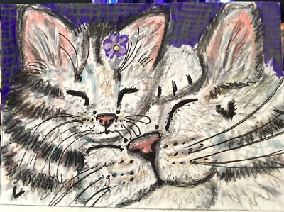 Mothers love cat  ACEO original markers colored pencils