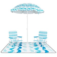 4 PCS Beach Umbrella Set w/2 Foldable Chairs Picnic Blanket, Tilt Mechanism