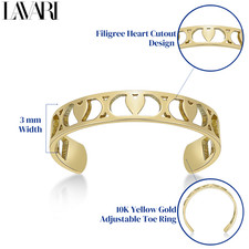 Bague or jaune 10 carats filigrane cœur découpe bande réglable orteil cadeau pour femme