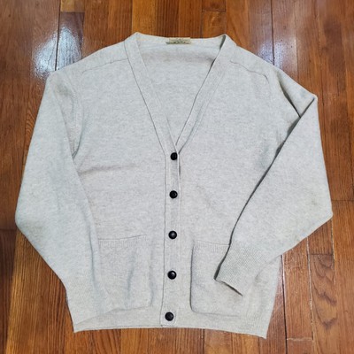 Vintage LL Bean Cardigan Womens L Wool Sweater Biege 80s Made In Scotland 