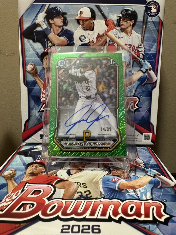 2026 Bowman Chrome Jared Jones Green Grass Shimmer Auto 14/99 1st Bowman Pirates