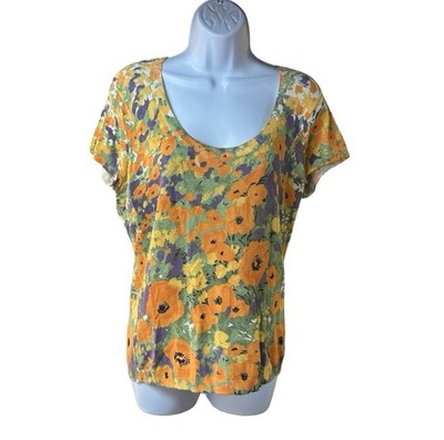 Cache Floral Knit Top L Orange Green Cottagecore Boho Scoop Neck Spring 