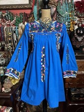Gorgeous Royal Blue Oaxaca Multi Color Embroidery With Long Sleeves Dress M