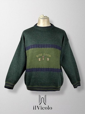 Vintage Pullover ''Kow Loon'' mit Stickerei - dunkelgrün, blau - Gr. L