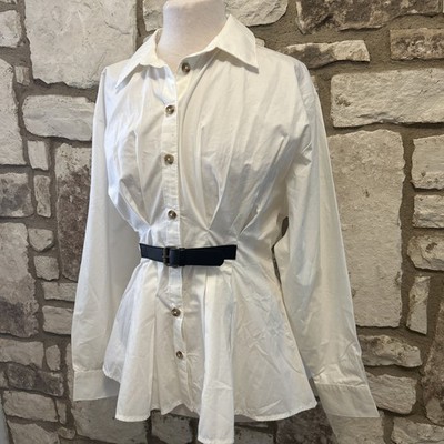 Anthropologie White Sz 6 Belted Fitted Waist Button Down Shirt Top Cotton NWT