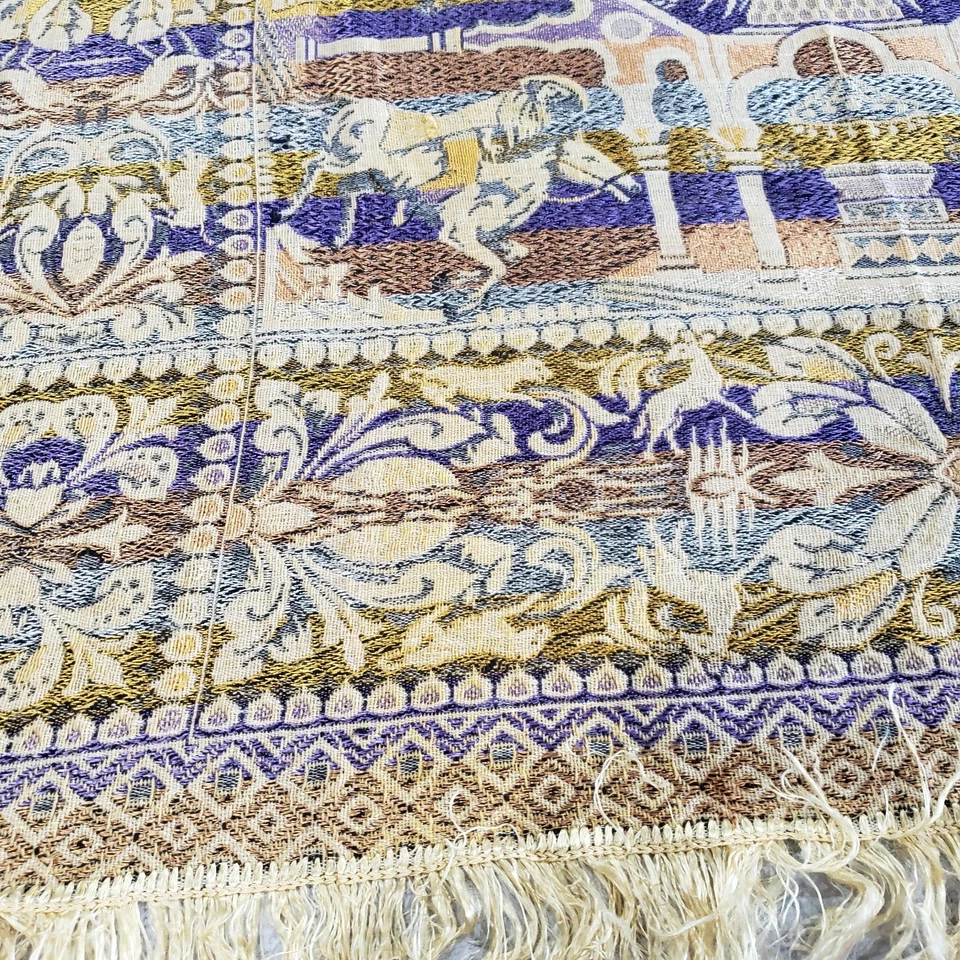 De Colección Tapiz Tejido Colgante de Pared Caballo Floral Escena Dorado Azul Marfil Flecos Boho Foto 3 de 4