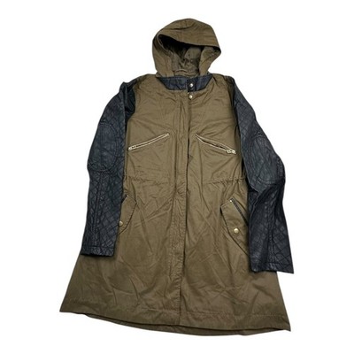 Attention Women Olive Green Hooded Jacket Faux Leather Quilted Sleeves Size S