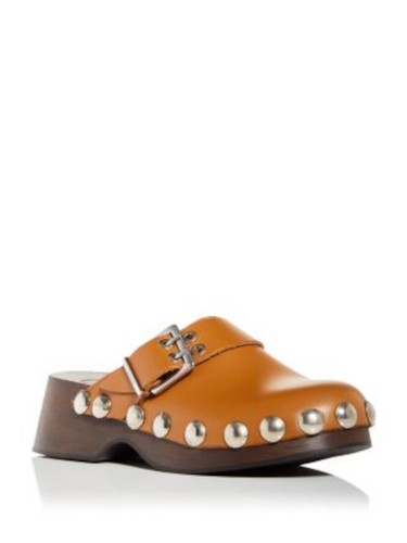 GANNI Womens Brown Studded Retro Round Toe Wedge Slip On Leather Clogs Shoes 41