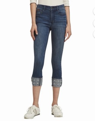 DKNY NEW Women's Cuffed Beaded Mid-Rise Skinny Capri Cropped Jeans TEDO