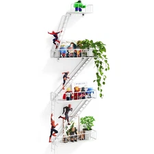 Fire Escape Wall Shelf - 4 Tier Metal White Fire Escape Shelf with Baskets, U...