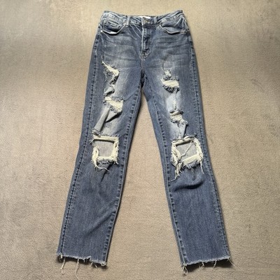 Risen Womens 5/27 Mid Rise Straight Leg Jeans Blue Distressed Raw Hem Grunge EUC
