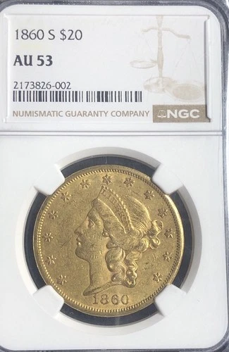 1860 S Liberty $20 Gold Coin AU 53 LOW MINTAGE DATE ONLY 500K MINTED EARLY 1800