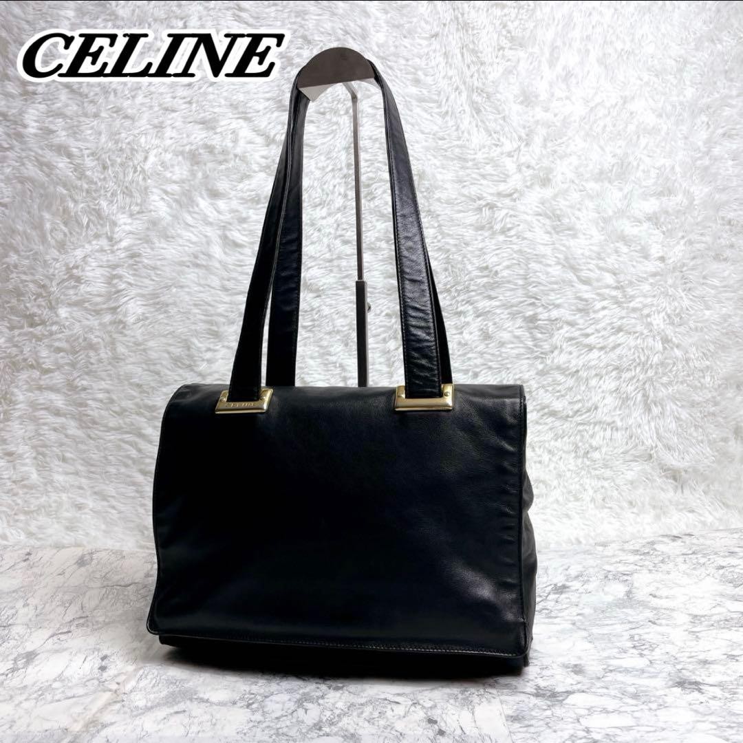 Celine Leather Shoulder Tote Bag with Gold Logo