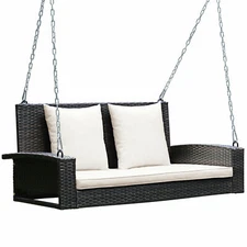 Costway 2-Person Patio Rattan Hanging Porch Swing Bench Chair w/ Beige Cushion