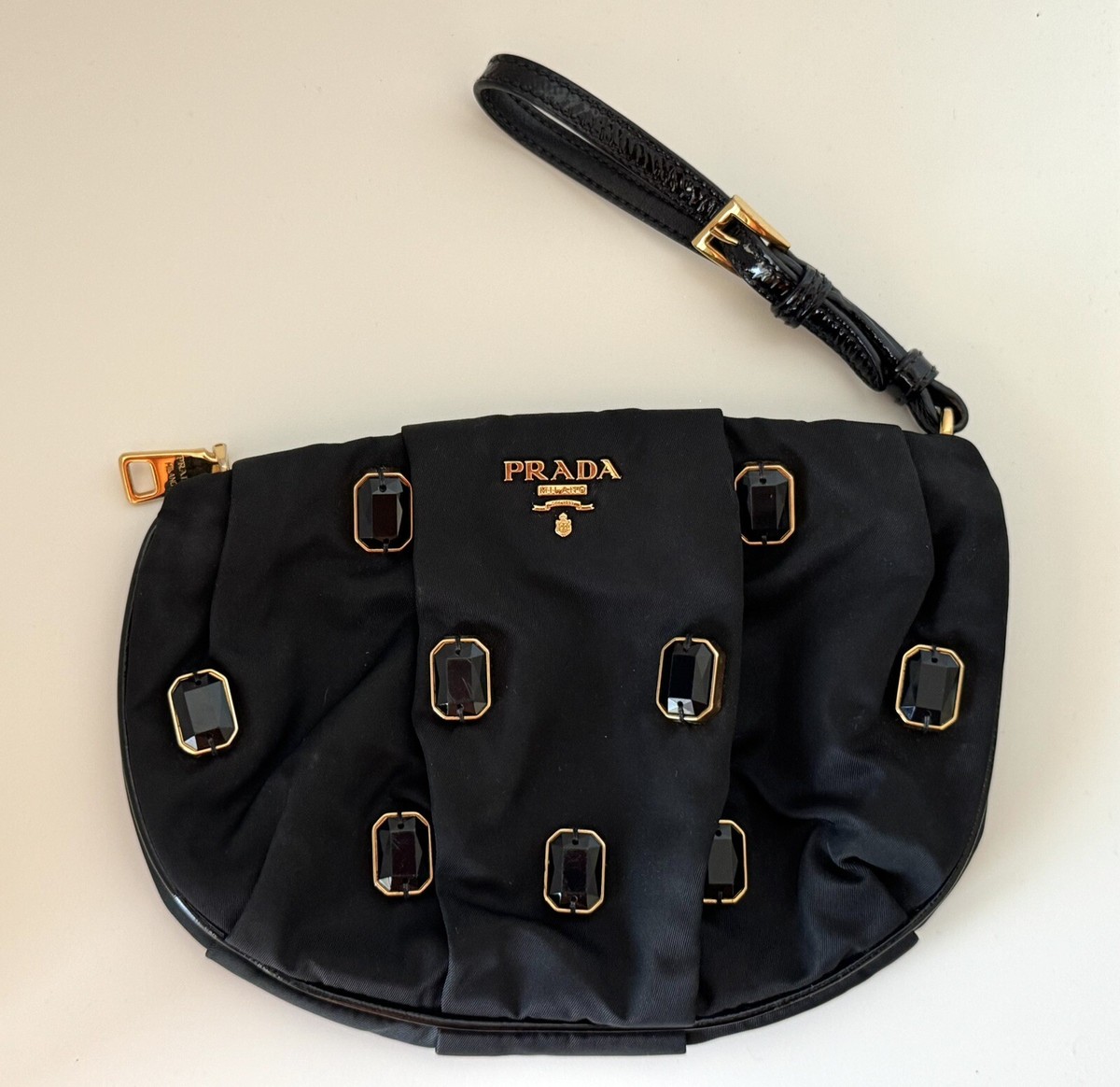 Prada Black Nero Nylon Tessuto Pietre Jeweled Gem Pouch Purse Bag Wristlet  Gold