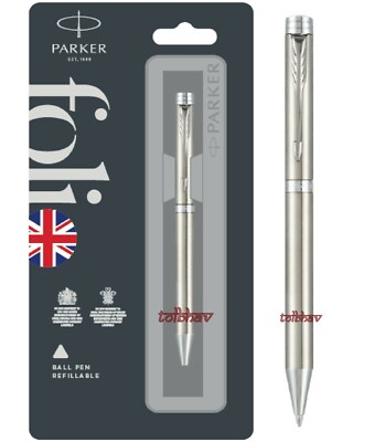 Parker Folio Edelstahl Chromrand Kugelschreiber CT BP Blaue Tinte Feine Feder