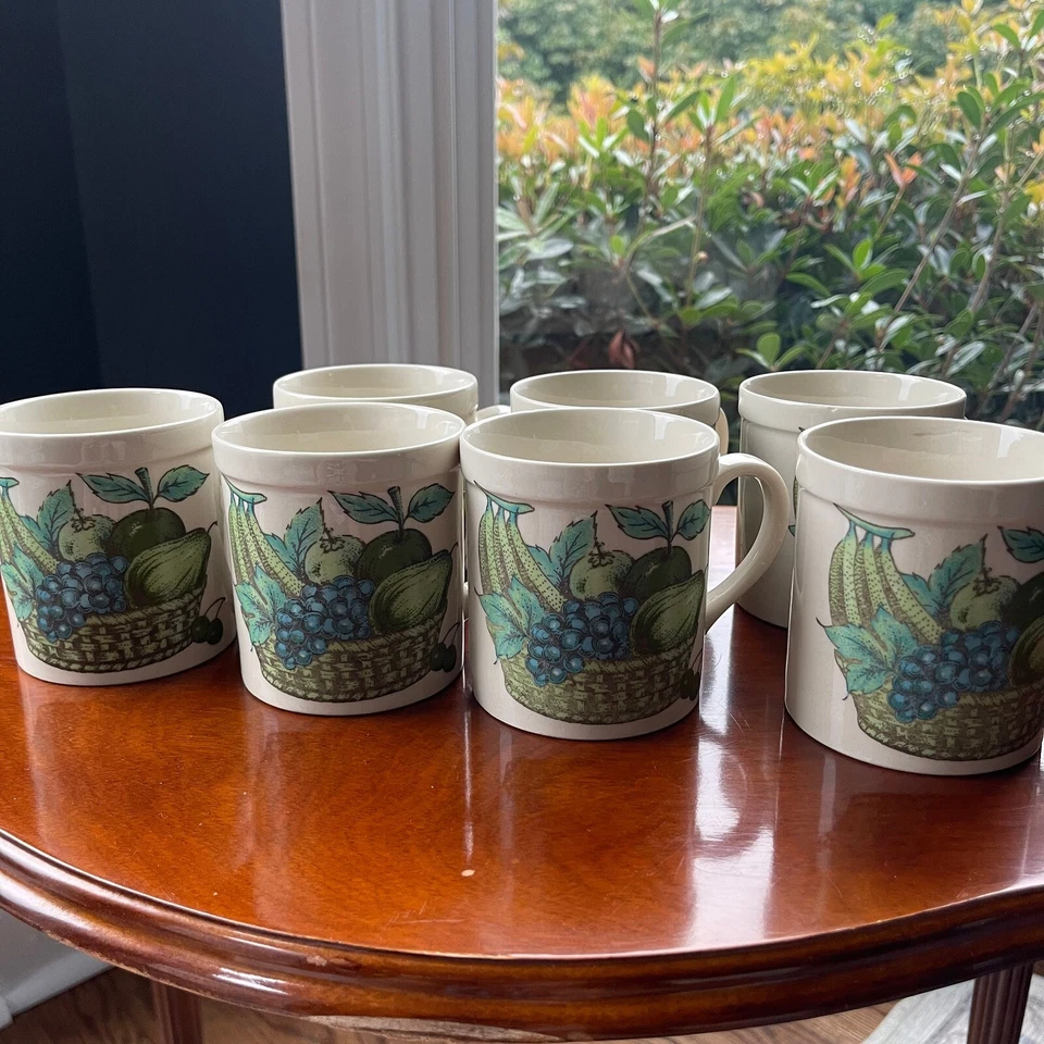 MCM Juego de 7 Tazas Cesta de Frutas Verde Azul Tazas Cafetera Cerámica Japón Años 60 Foto 2 de 4