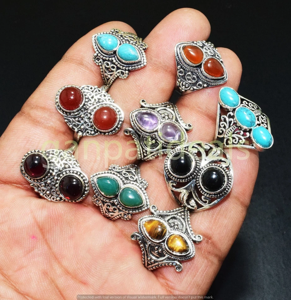 Lote de 1000 piezas de anillos enchapados en plata 925 turquesa y mezcla de piedras preciosas joyas para mujer Foto 3 de 4