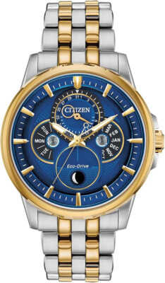 NEW CITIZEN ECO DRIVE CALENDRIER MOON PHASE BLUE DIAL TWO TONE