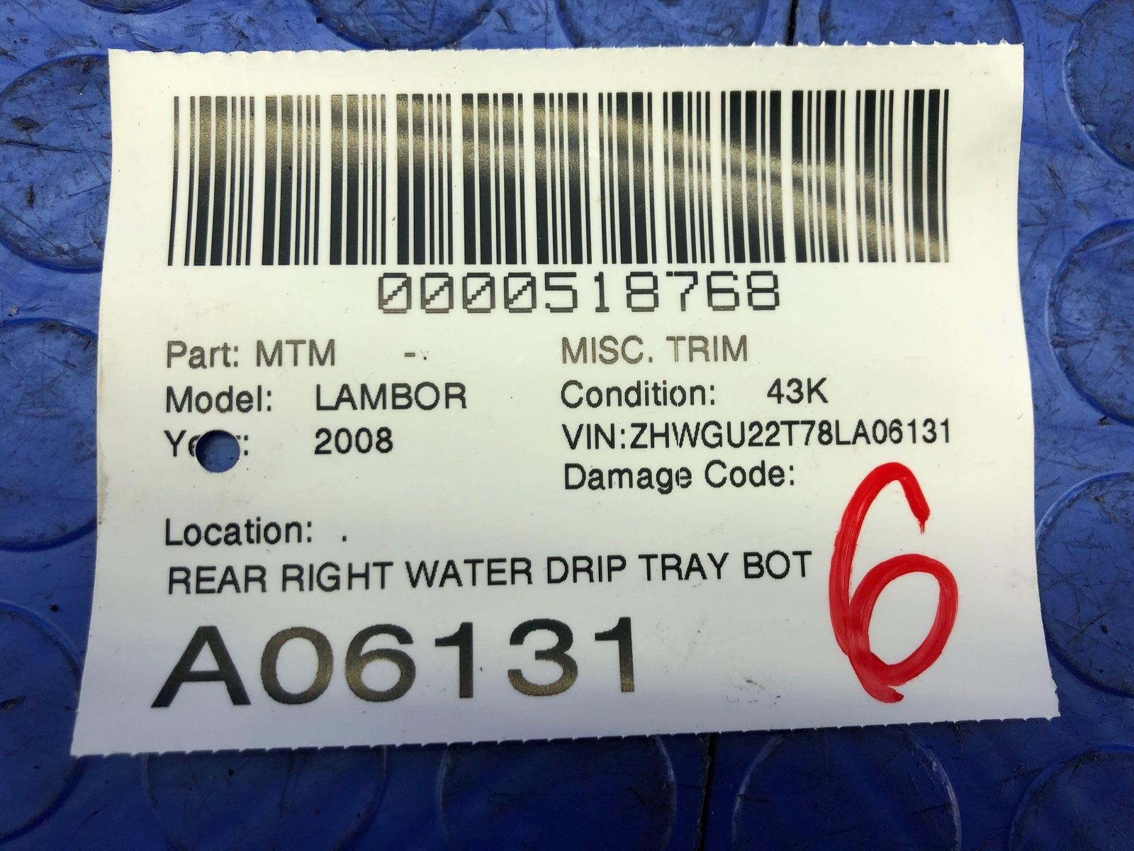 LAMBORGHINI GALLARDO OEM REAR RIGHT WATER DRIP TRAY BOTTLE 407813954