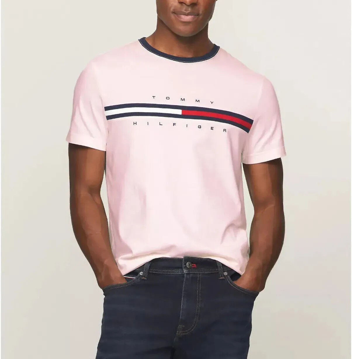 NWT Tommy Hilfiger Mens Essential Flag Logo Ringer Short Sleeve T-Shirt Tee Pink image 4