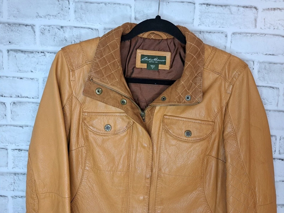 Eddie Bauer женщин Sz средний натуральной кожи Куртка Пальто коричневый EUC поле стиль - Изображение 2 из 4