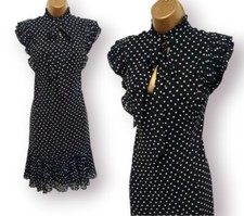 Karen Millen Black Sheer Polka Tie Neck Pleated Shift Occasion Dress UK 8