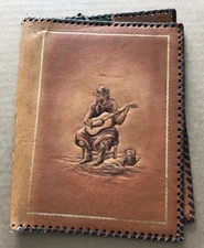 Vintage LEATHER Hand Made Tooled Book Cover Bookmark PIONEER COWBOY GUITAR embos