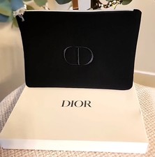 Black Dior Flat CD Logo Embroidered Cosmetic Makeup Pouch / Clutch NEW w Box