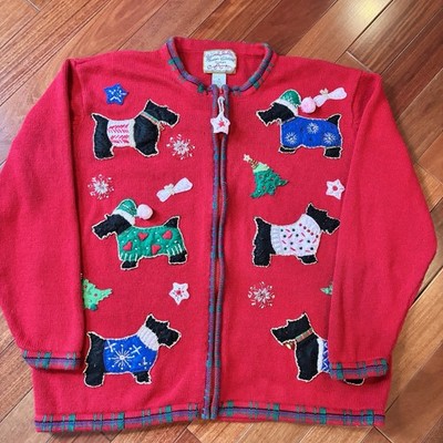 Vtg Heirloom Collectibles Christmas Sweater Jacket Cardigan Scottie Dogs XL Red